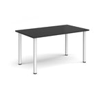 Rectangular black table with silver legs on a white background