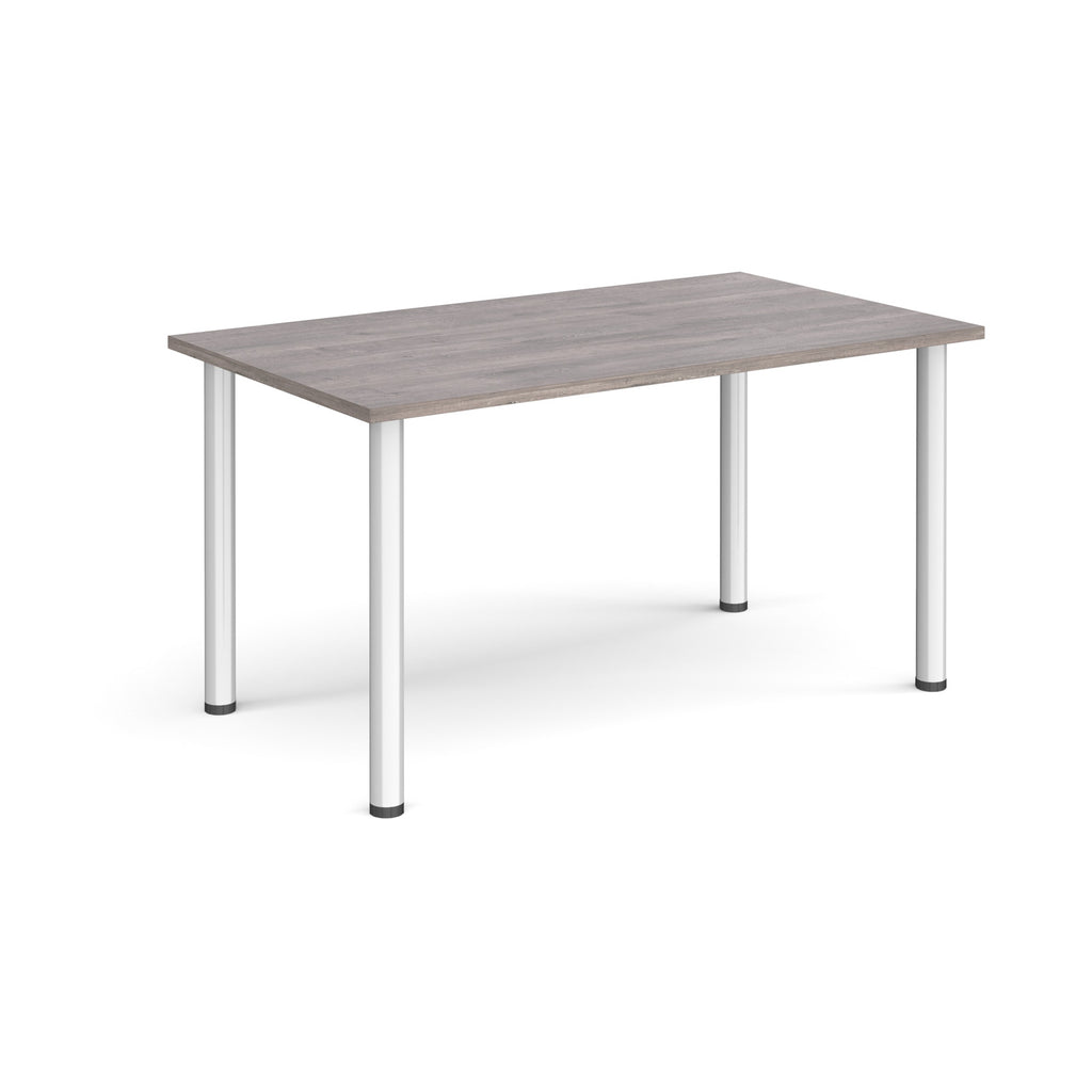 Rectangular table with a grey wood-effect top and silver legs on a white background