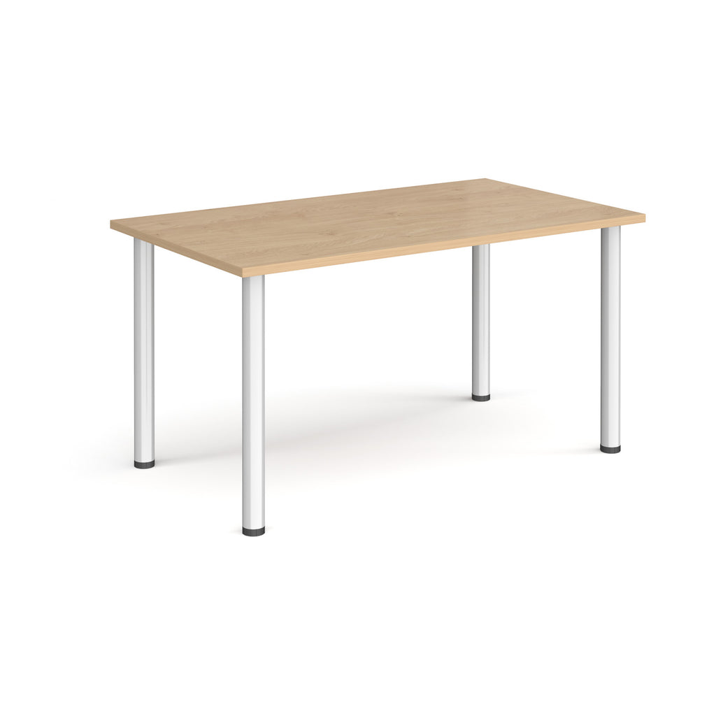 Rectangular table with wood-effect top and silver metal legs on a white background