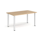 Rectangular table with wood-effect top and silver metal legs on a white background