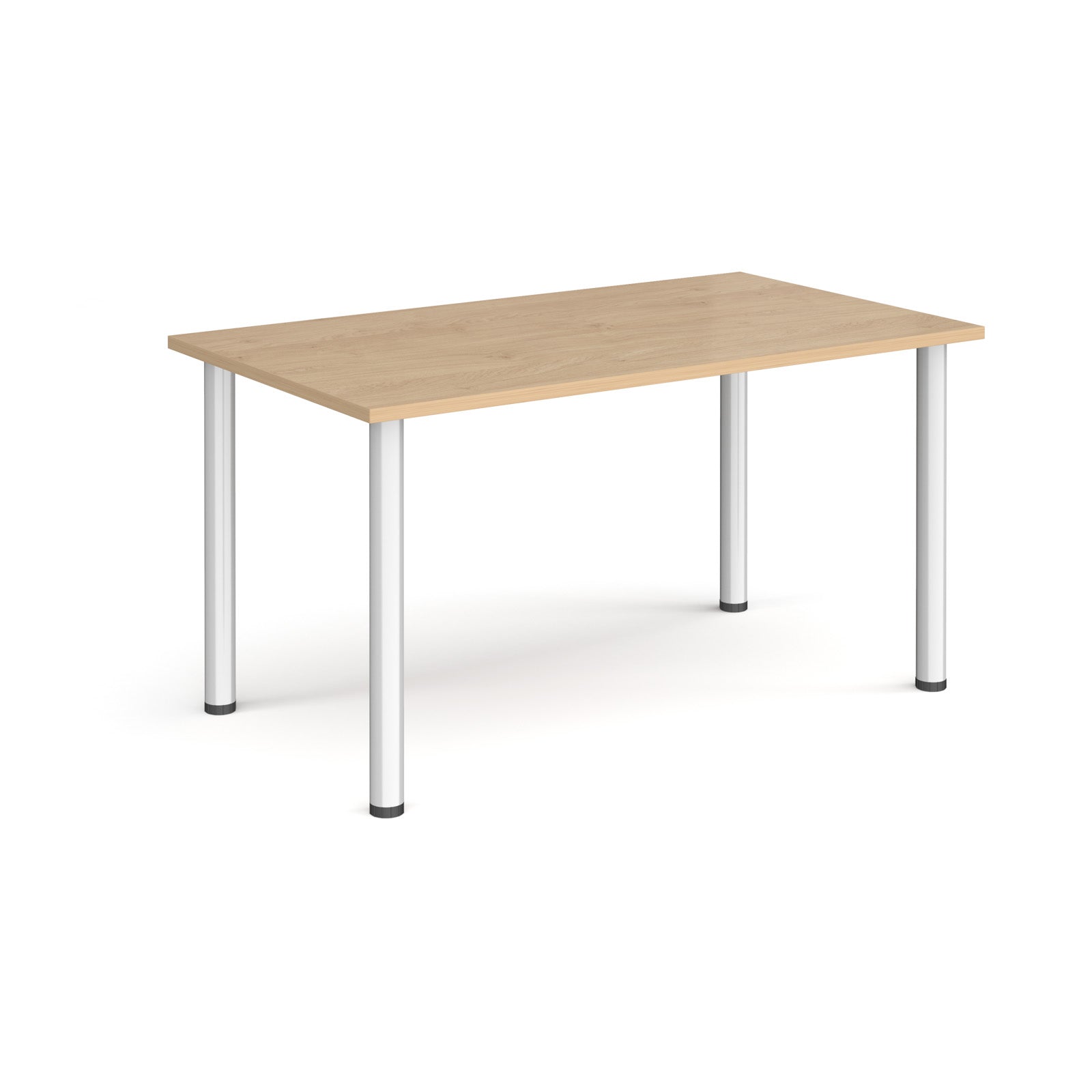 Rectangular table with wood-effect top and silver metal legs on a white background