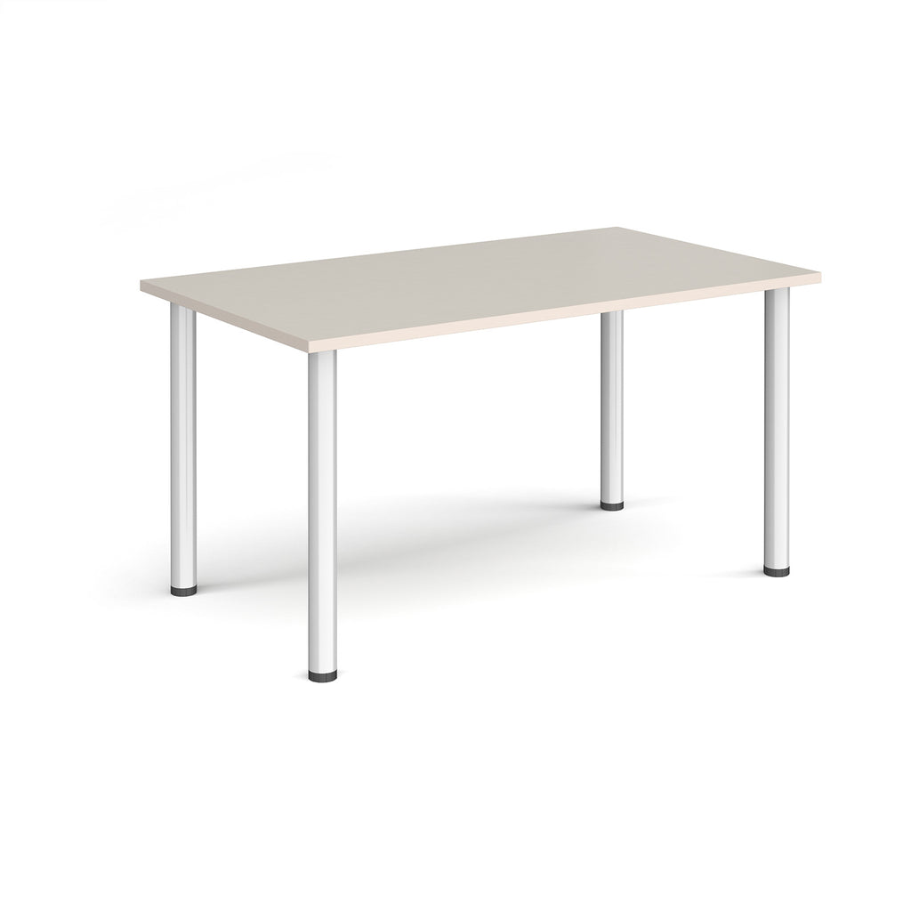 Rectangular table with light-grey top and silver legs on a white background