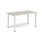 Rectangular table with light-grey top and silver legs on a white background
