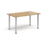 Rectangular table with wood-effect top and silver legs on a white background