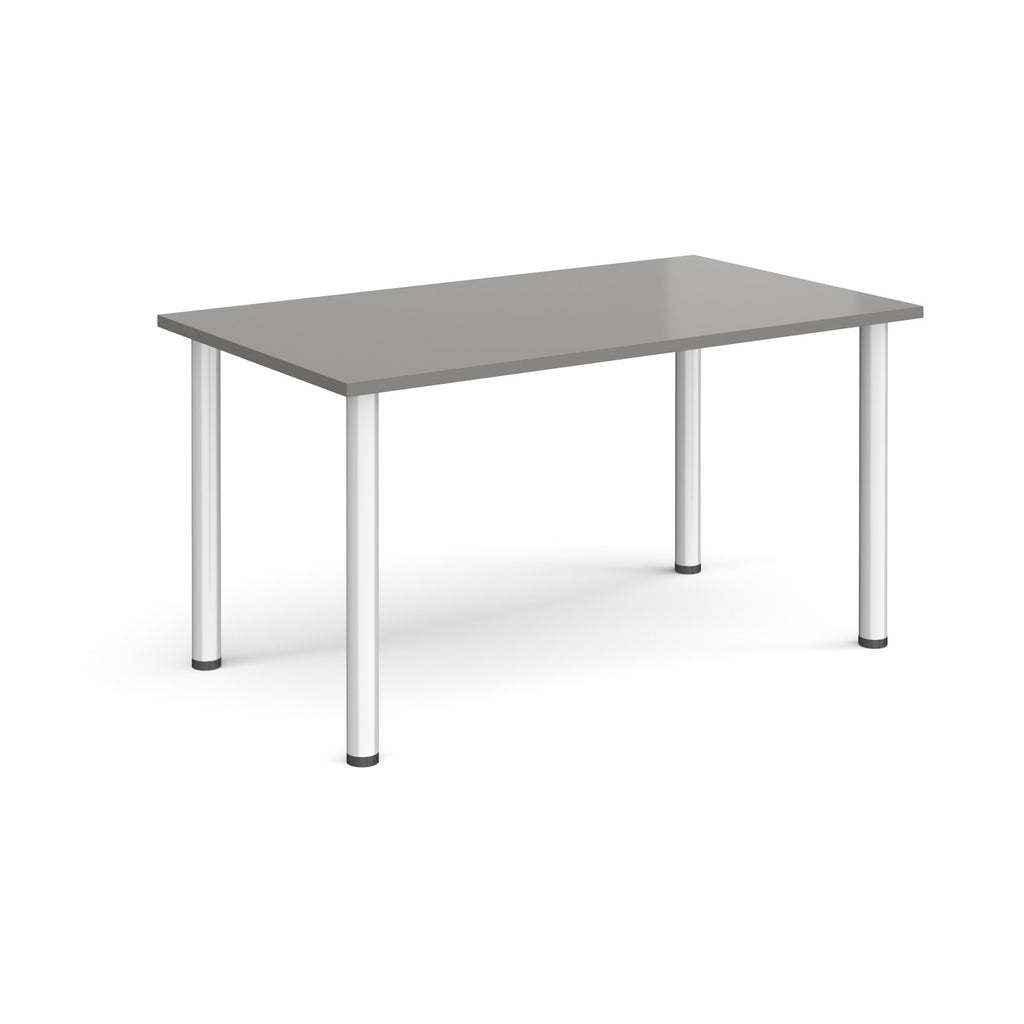 Rectangular table with grey top and silver legs on a white background