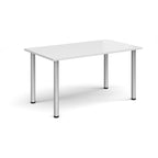 White rectangular table with silver legs on a white background