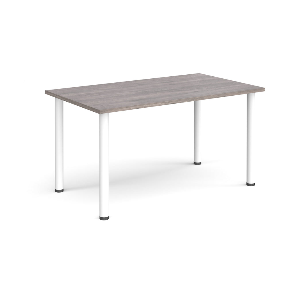 Rectangular table with grey wood-effect top and white legs on a white background