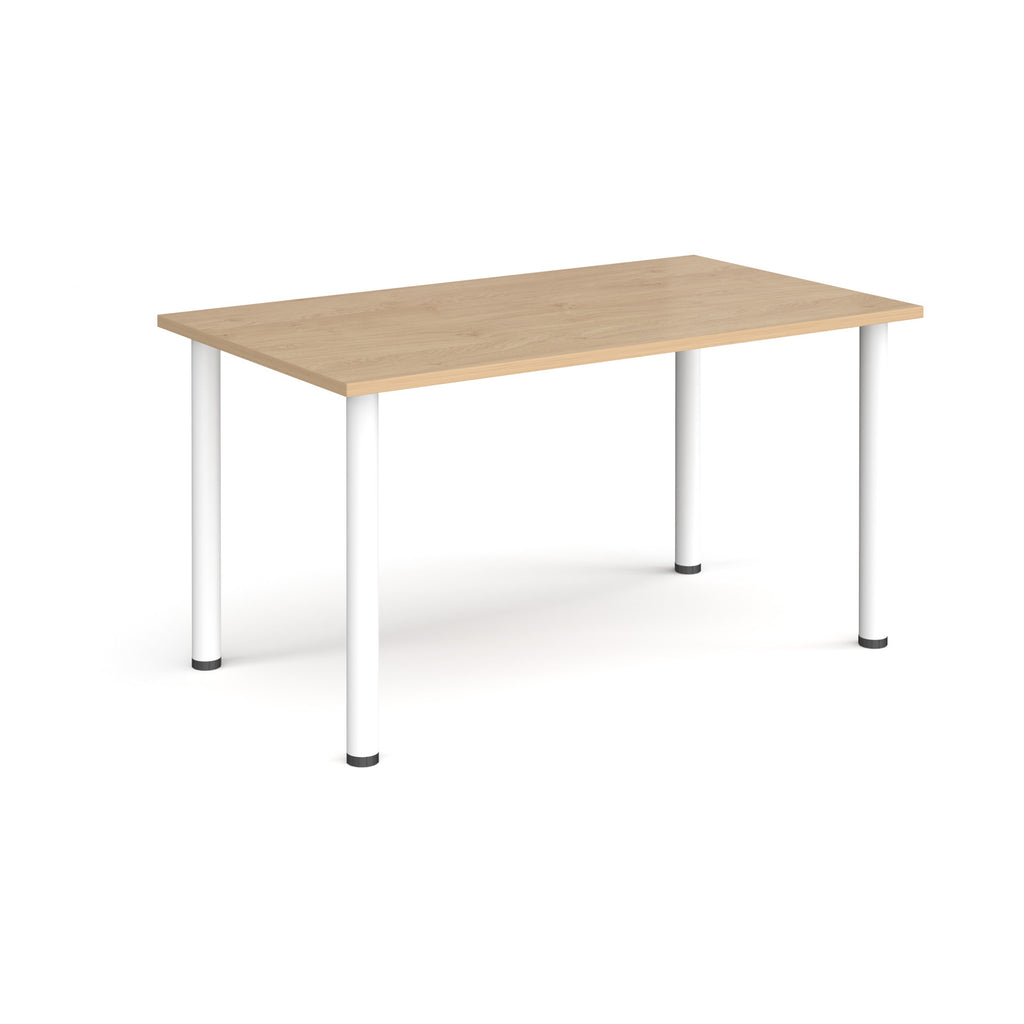 Rectangular table with wood-effect top and white legs on a white background