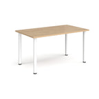 Rectangular table with wood-effect top and white legs on a white background