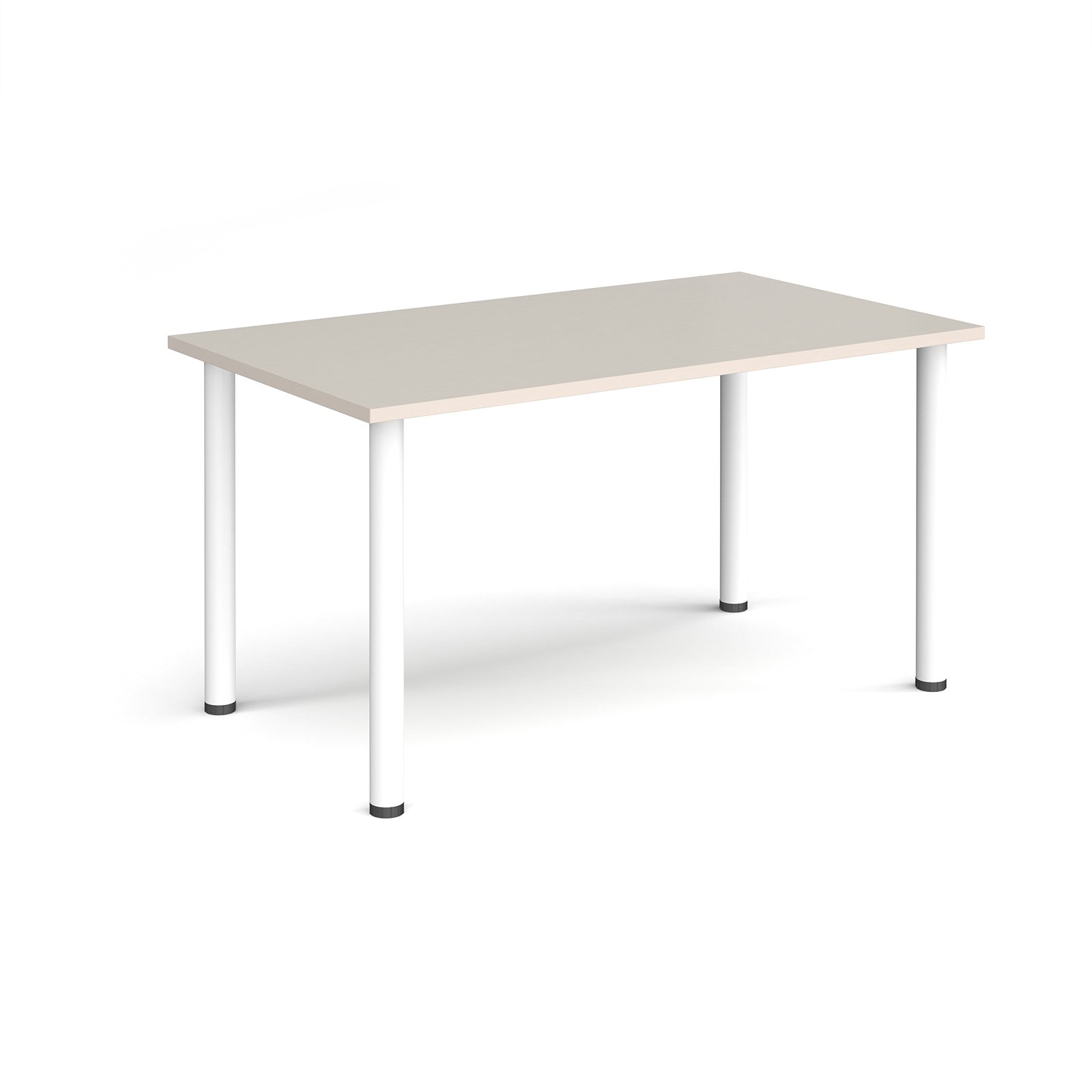 Rectangular table with light grey top and white legs on a white background