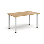 Rectangular table with wood-effect top and white legs on a white background