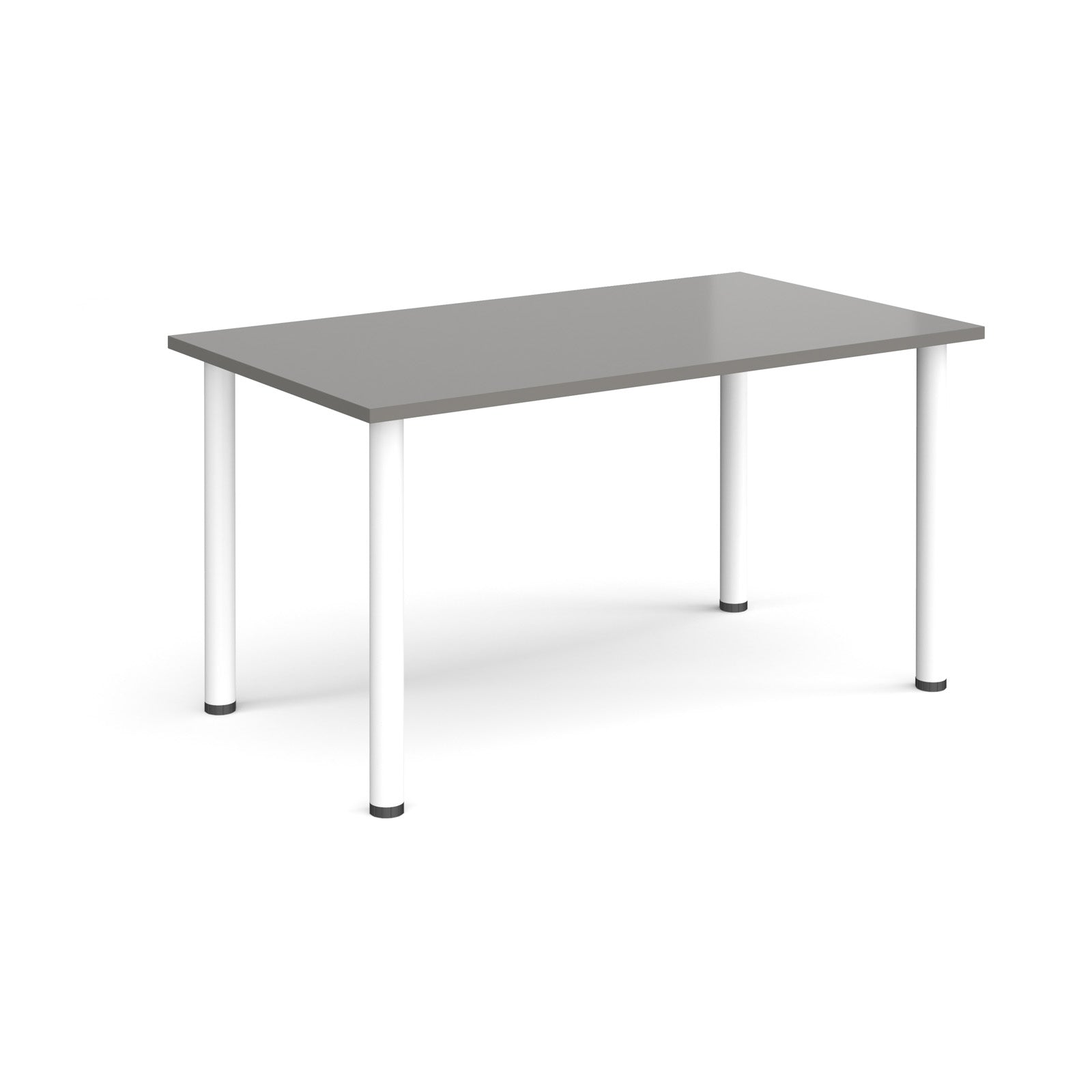 Rectangular desk with grey top and white legs on a white background