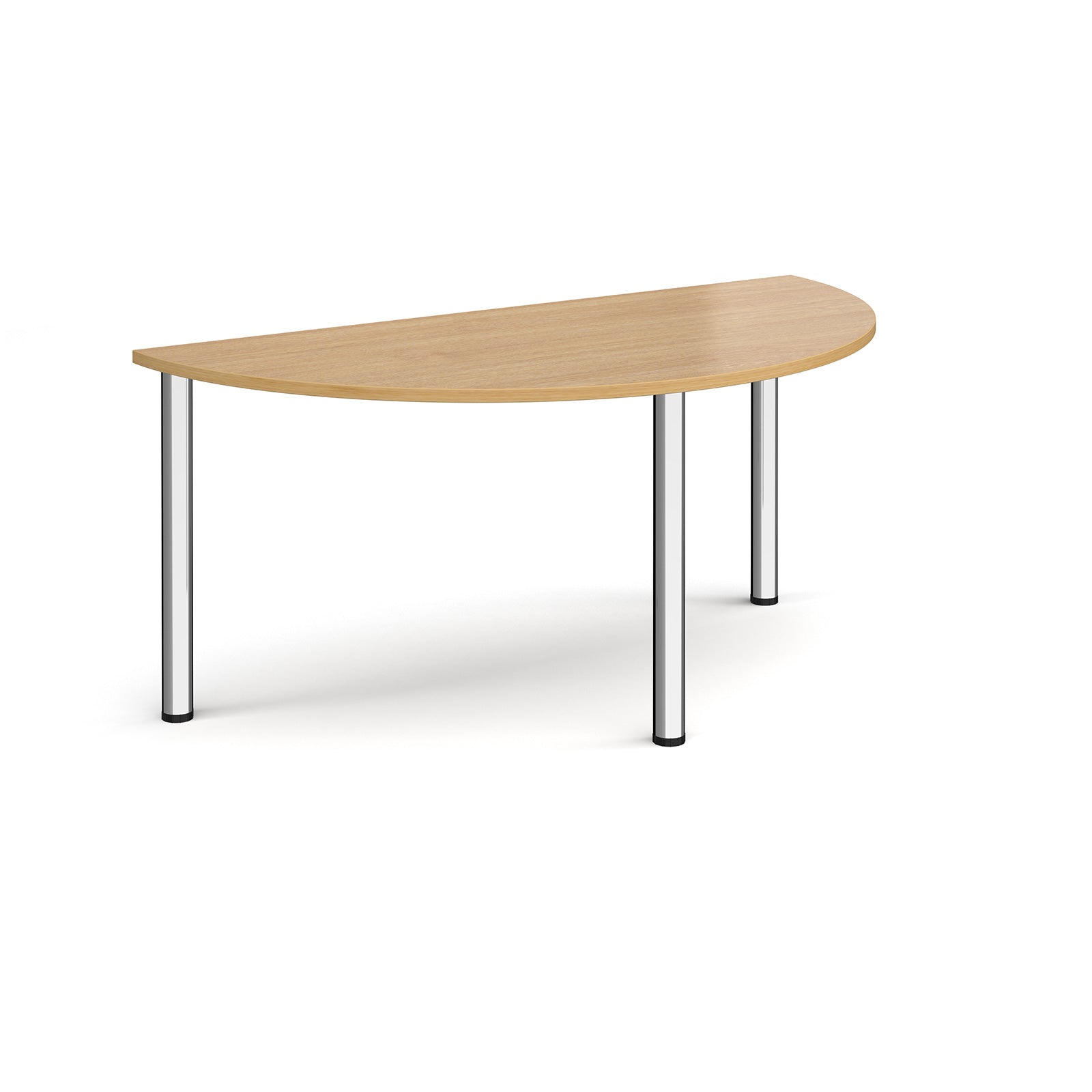 Half-moon wooden table with metal legs on a white background