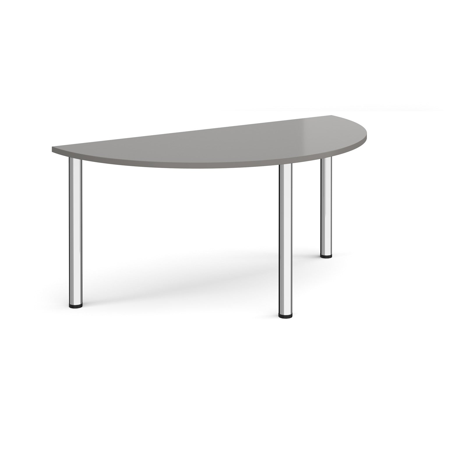 Half-moon shaped table with metallic legs on a white background