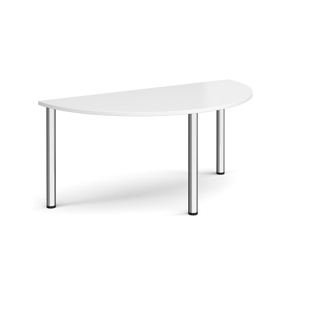 White oval table with metal legs on a white background