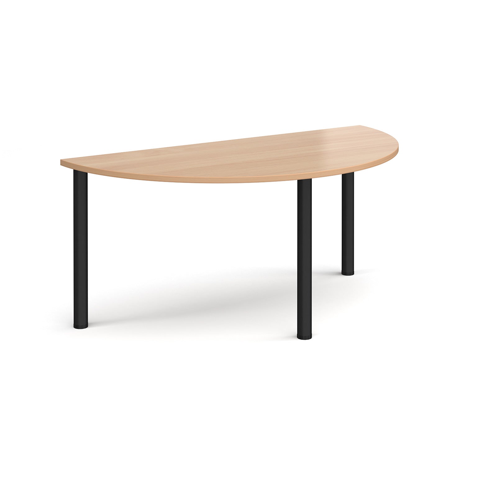 Half-moon shaped wooden table with black legs on a white background