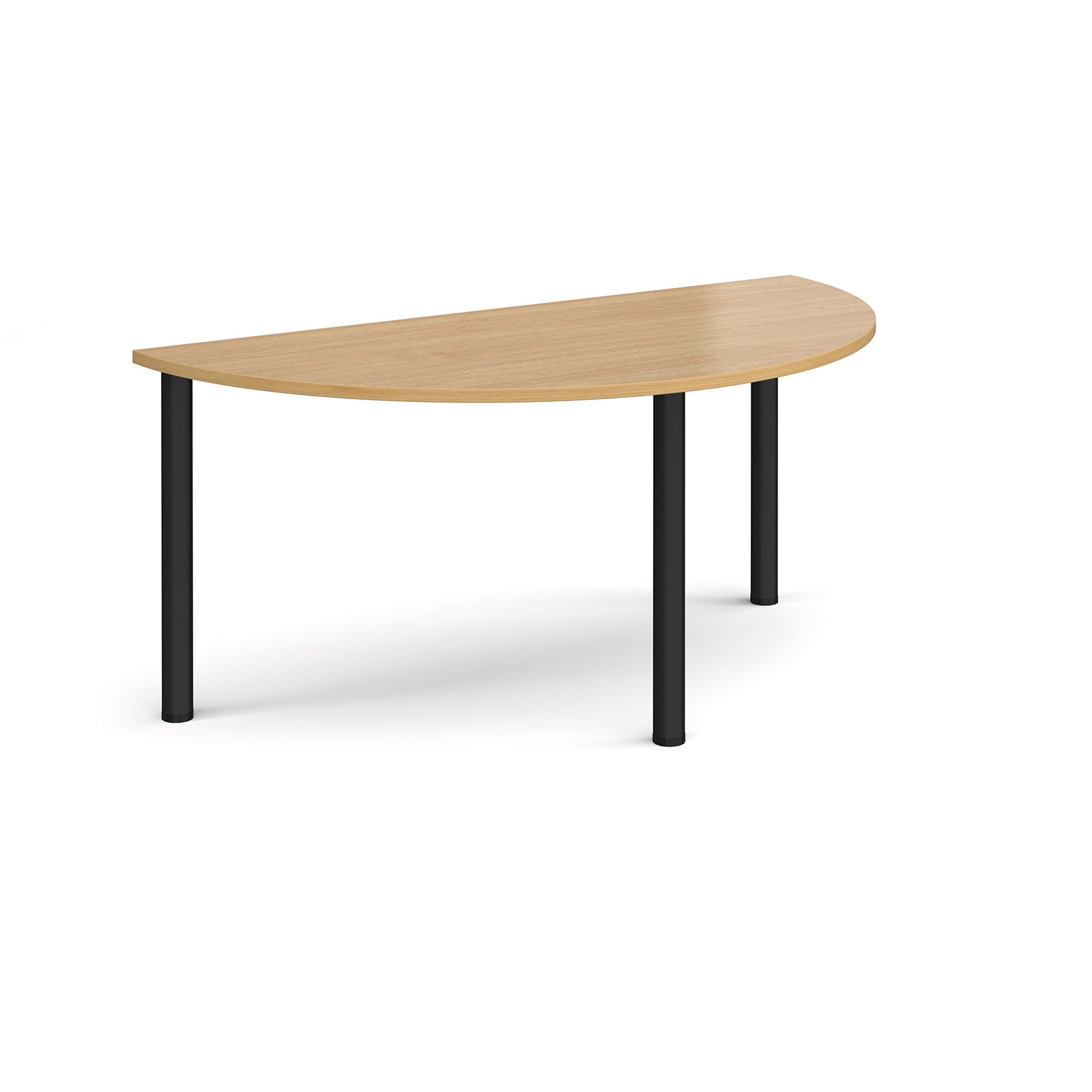 Half-moon shaped wooden table with black legs on a white background
