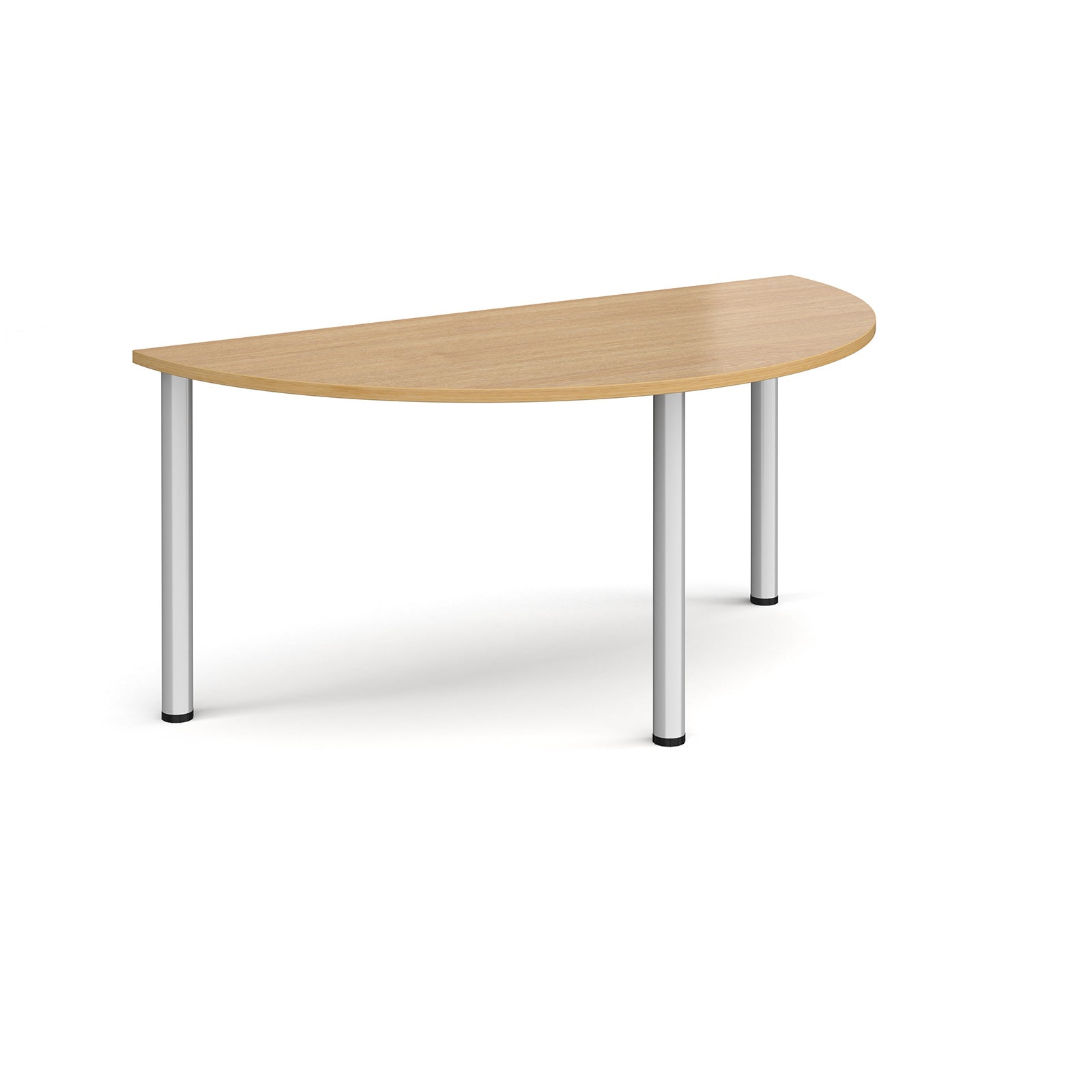Half-moon shaped wooden table with metal legs on a white background