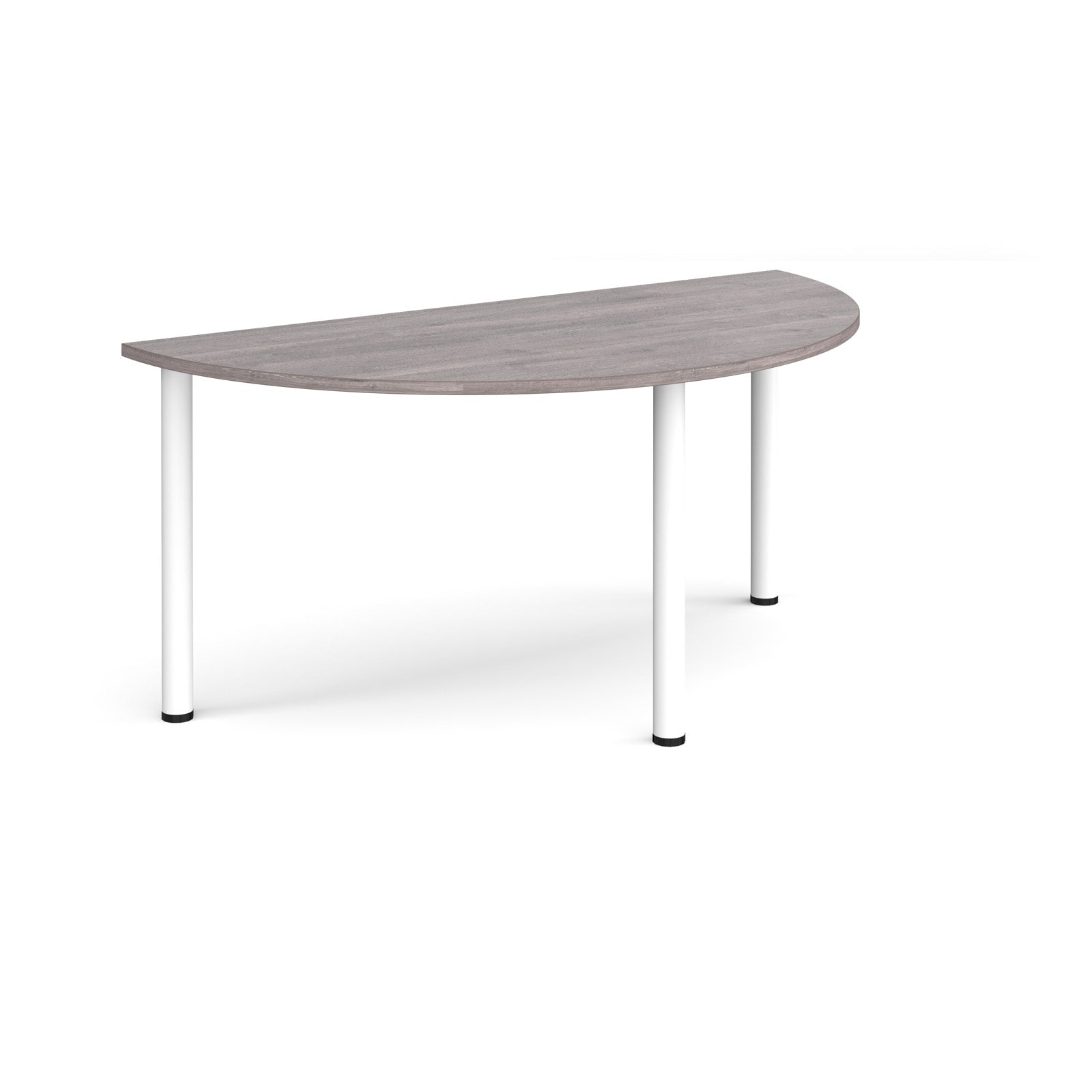 Half-moon shaped table with grey top and white legs on a white background