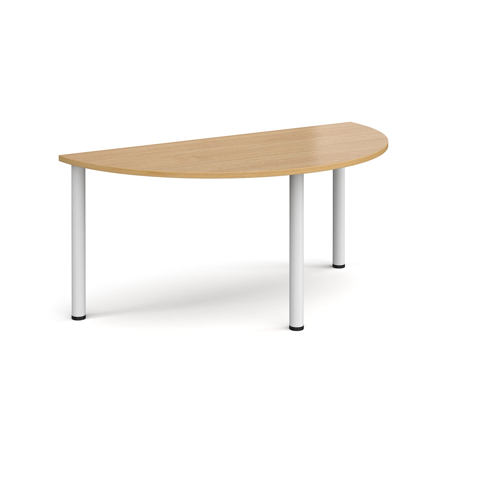 Half-moon shaped wooden table with white legs on a white background