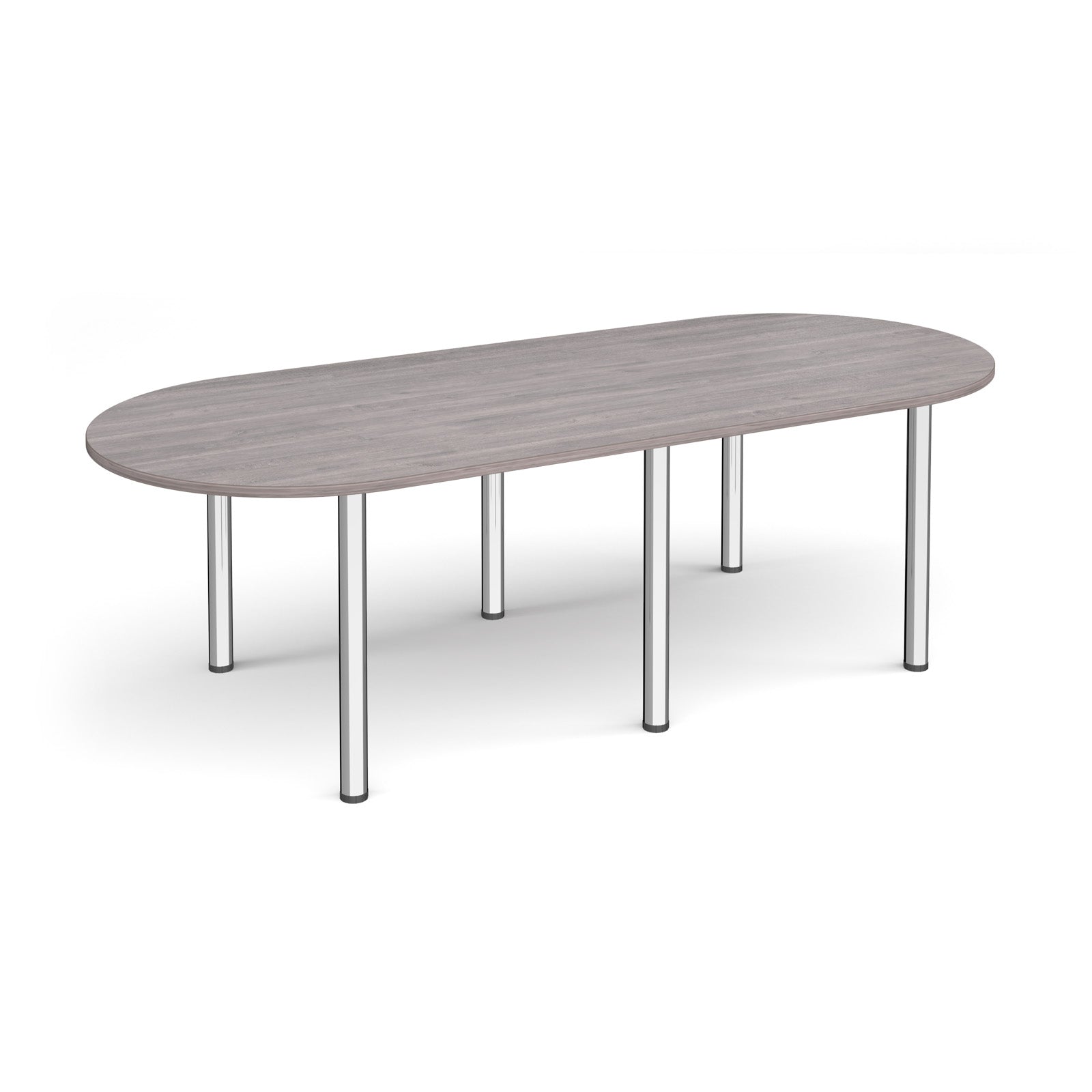 Oval table with grey wood-effect top and chrome metal legs on a white background