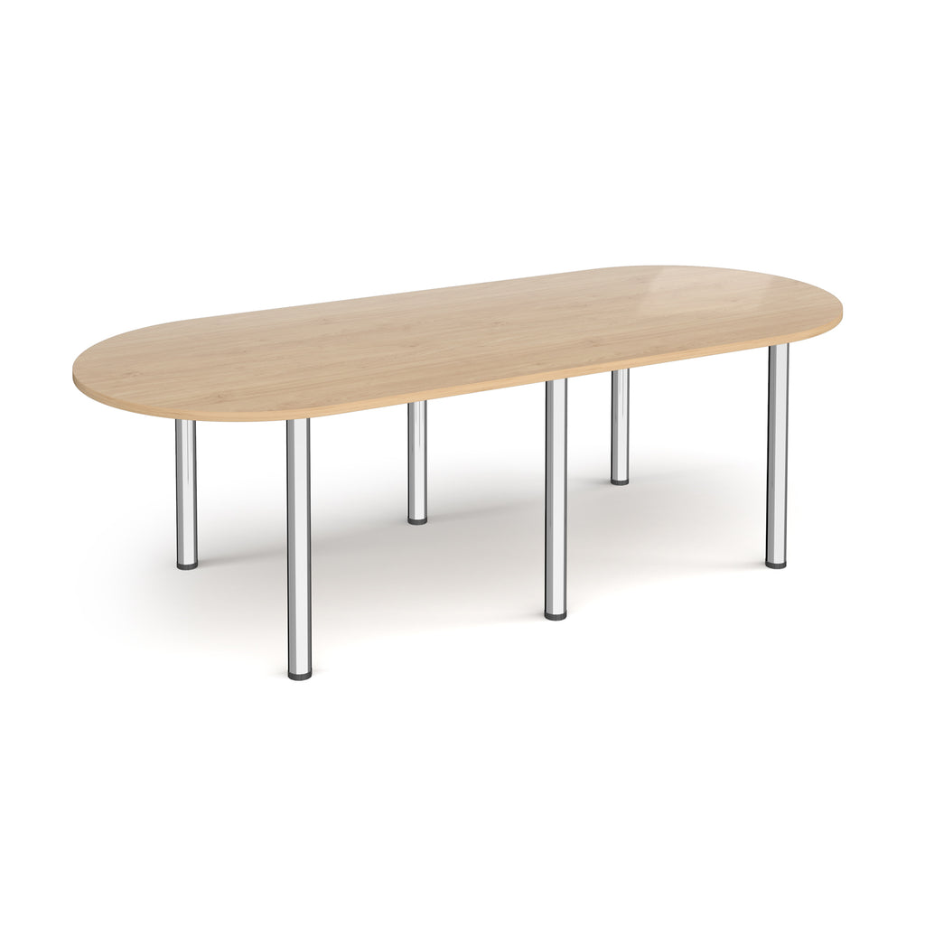 Oval table with wood-effect top and chrome metal legs on a white background