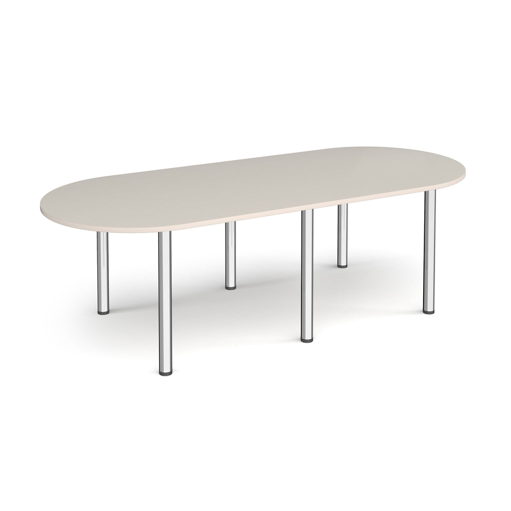 Oval table with light grey top and chrome metal legs on a white background