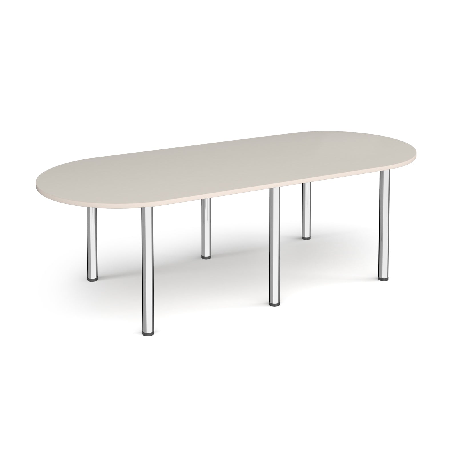 Oval table with light grey top and chrome metal legs on a white background