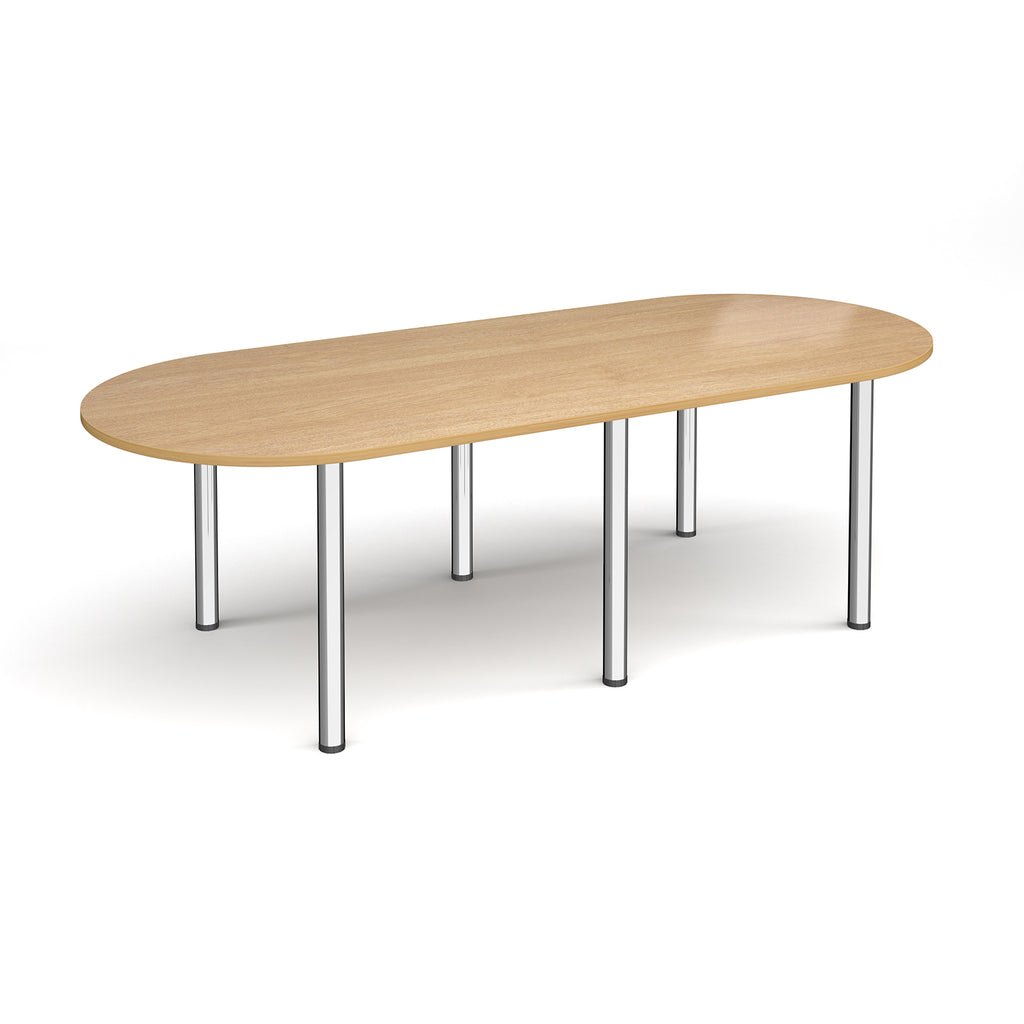Oval table with wood-effect top and chrome metal legs on a white background