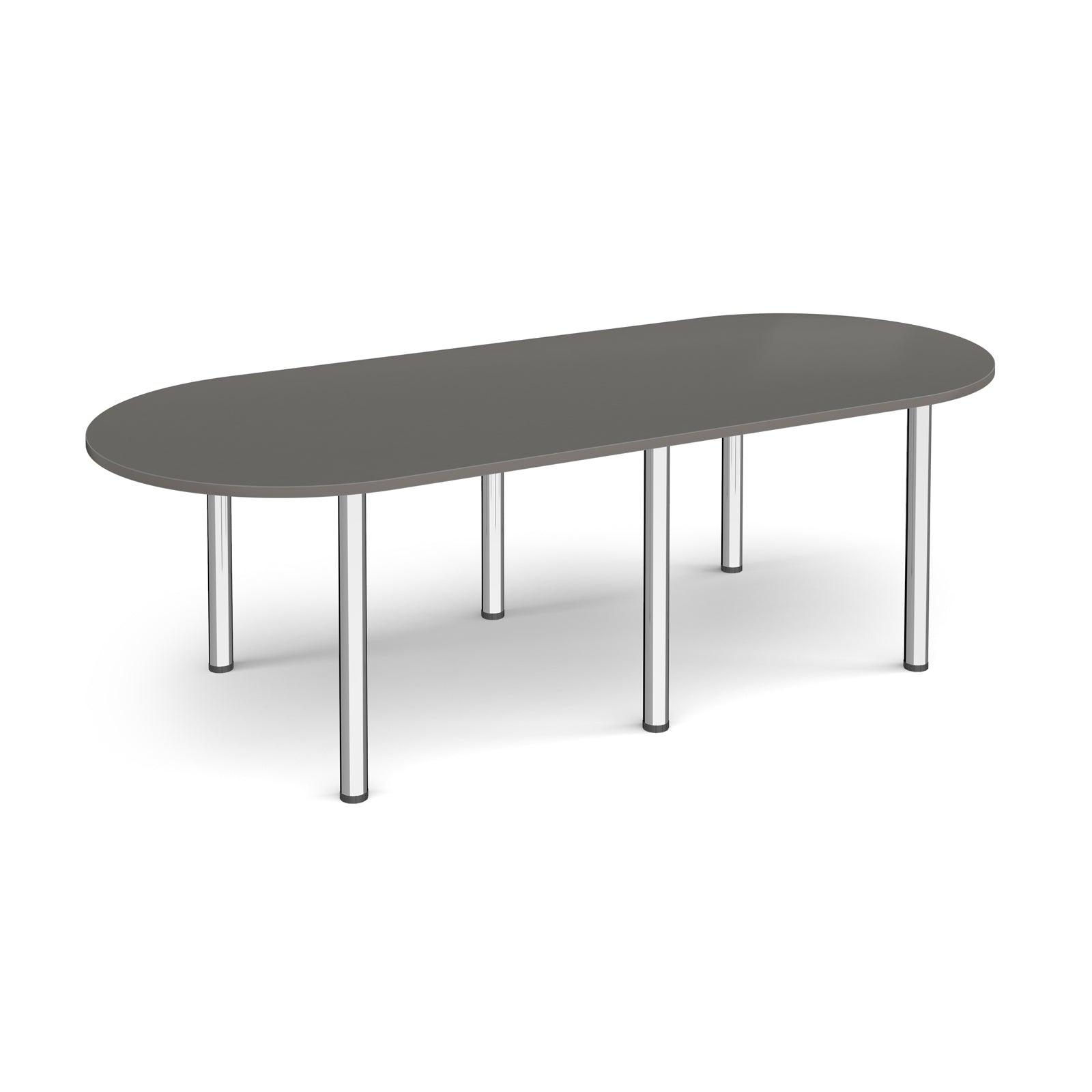 Oval table with grey top and chrome metal legs on a white background