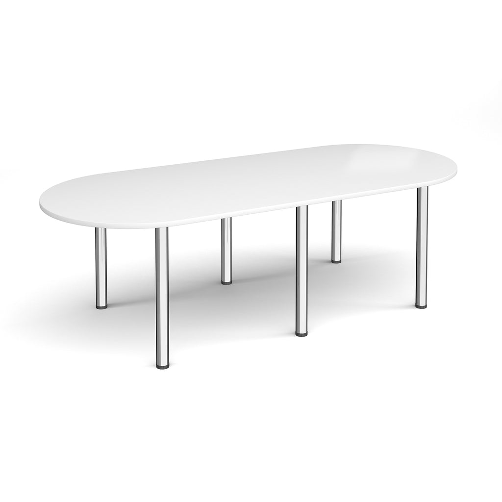 Oval table with white top and chrome metal legs on a white background
