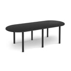 Black oval table with metal legs on a white background