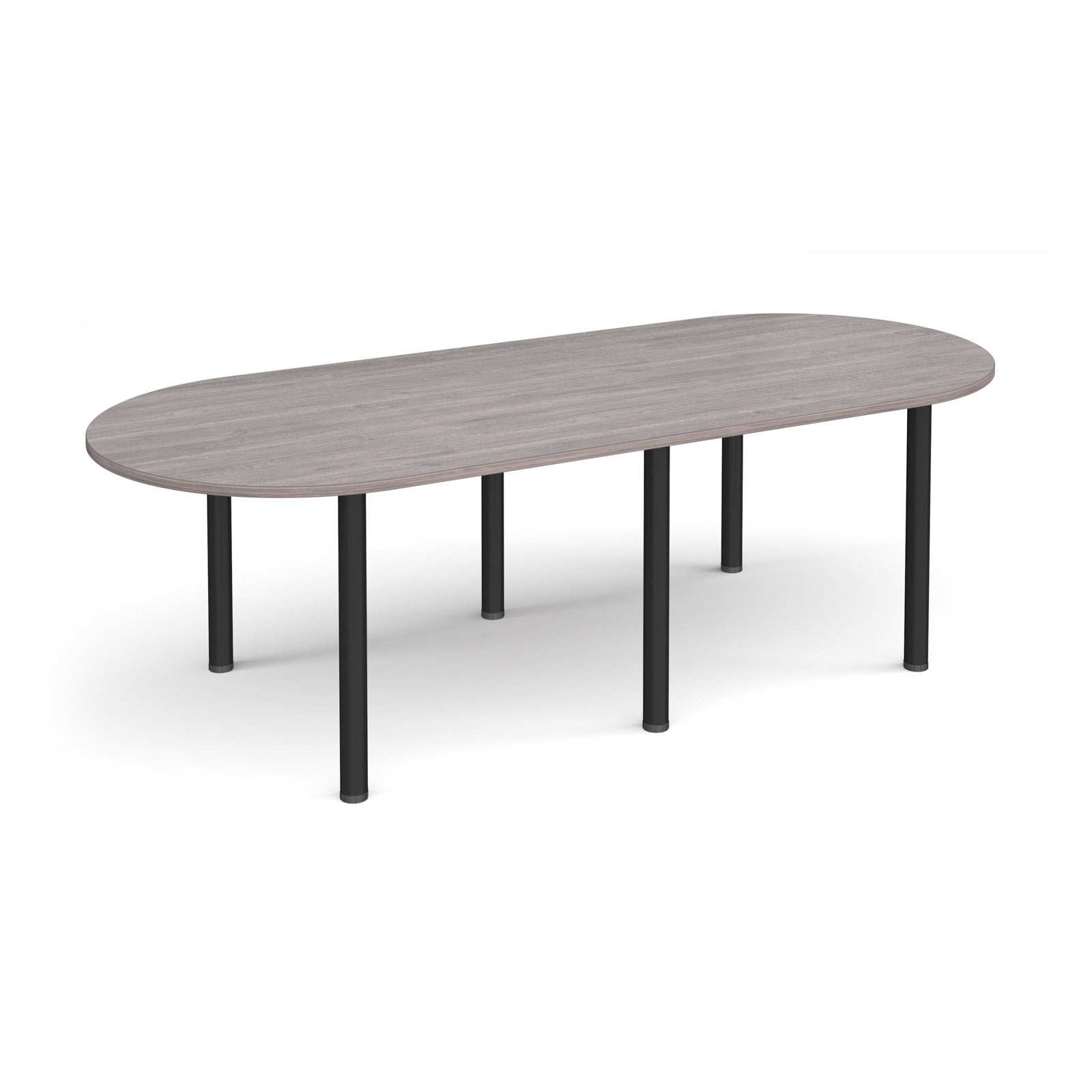 Oval table with grey wood-effect top and black metal legs on a white background