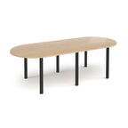 Oval table with wood-effect top and black metal legs on a white background
