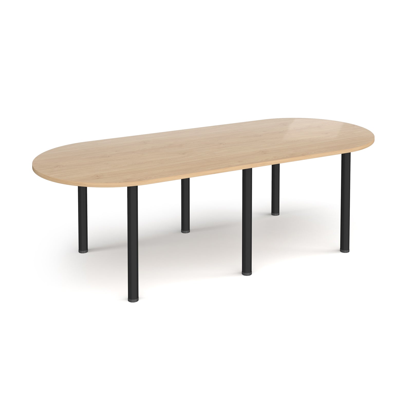 Oval table with wood-effect top and black metal legs on a white background