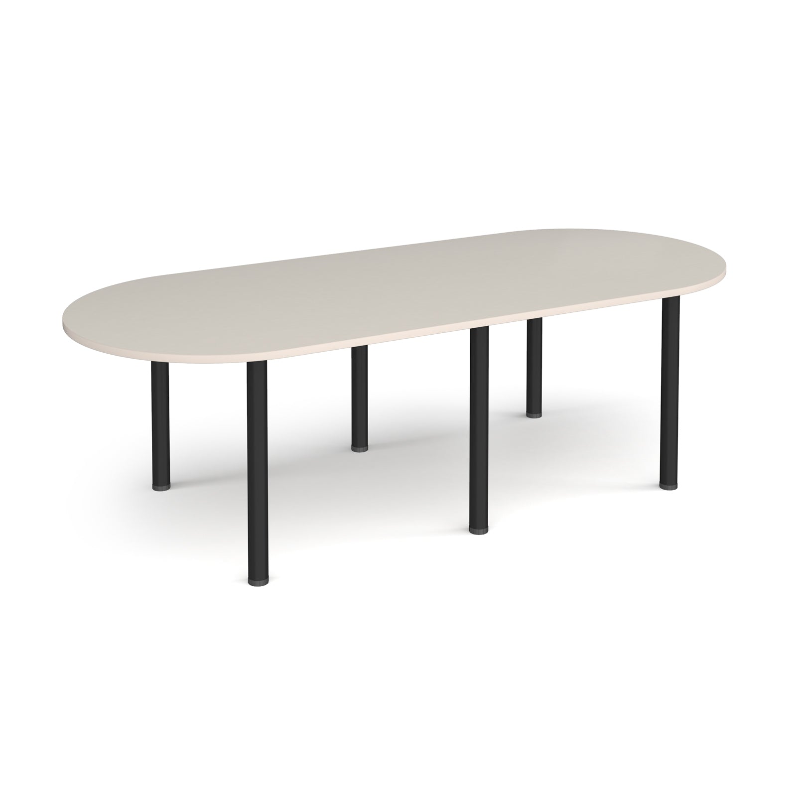 Oval table with light grey top and black metal legs on a white background