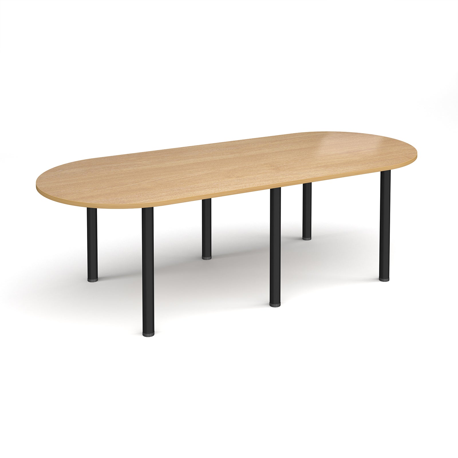 Oval table with wood-effect top and black metal legs on a white background