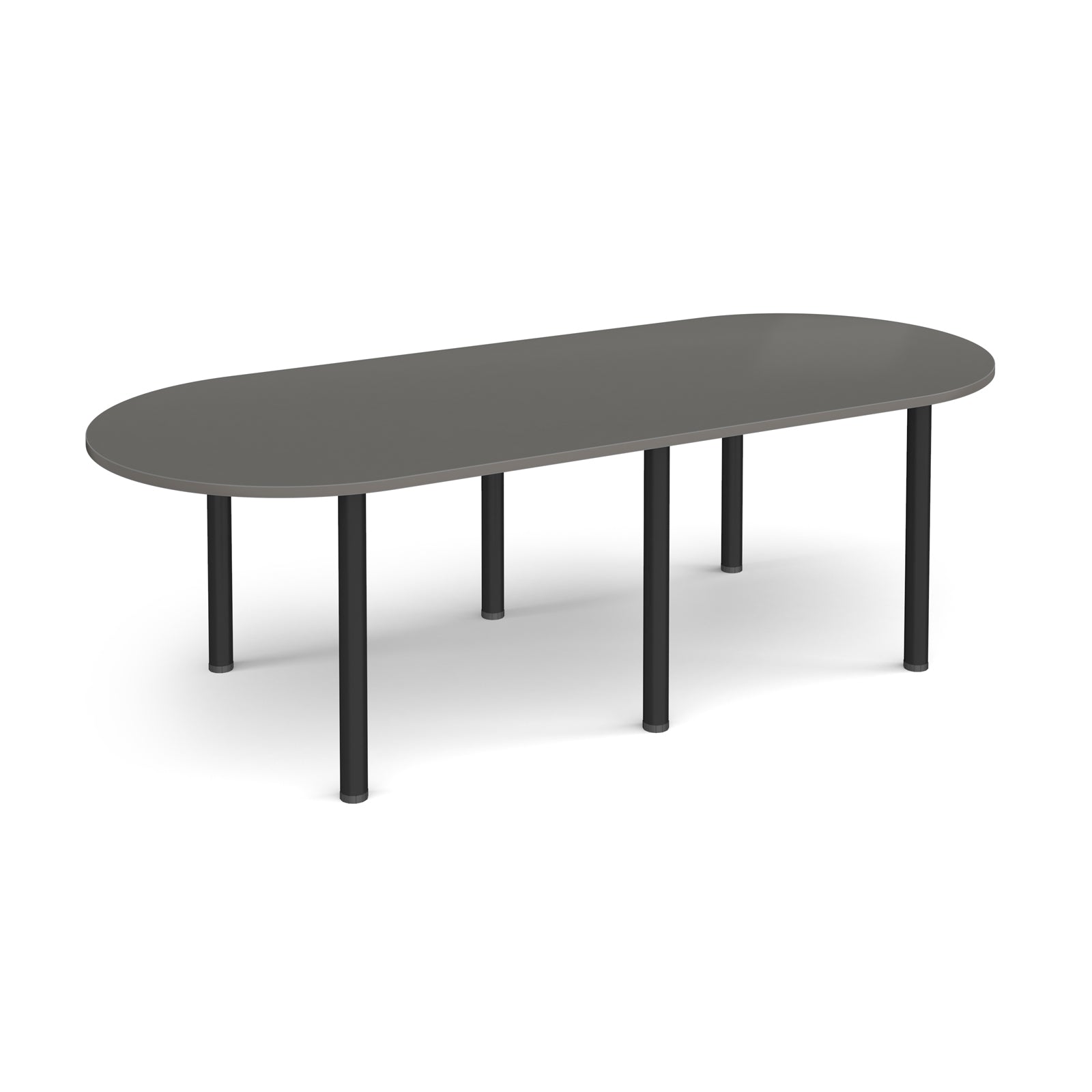 Oval table with grey top and black metal legs on a white background