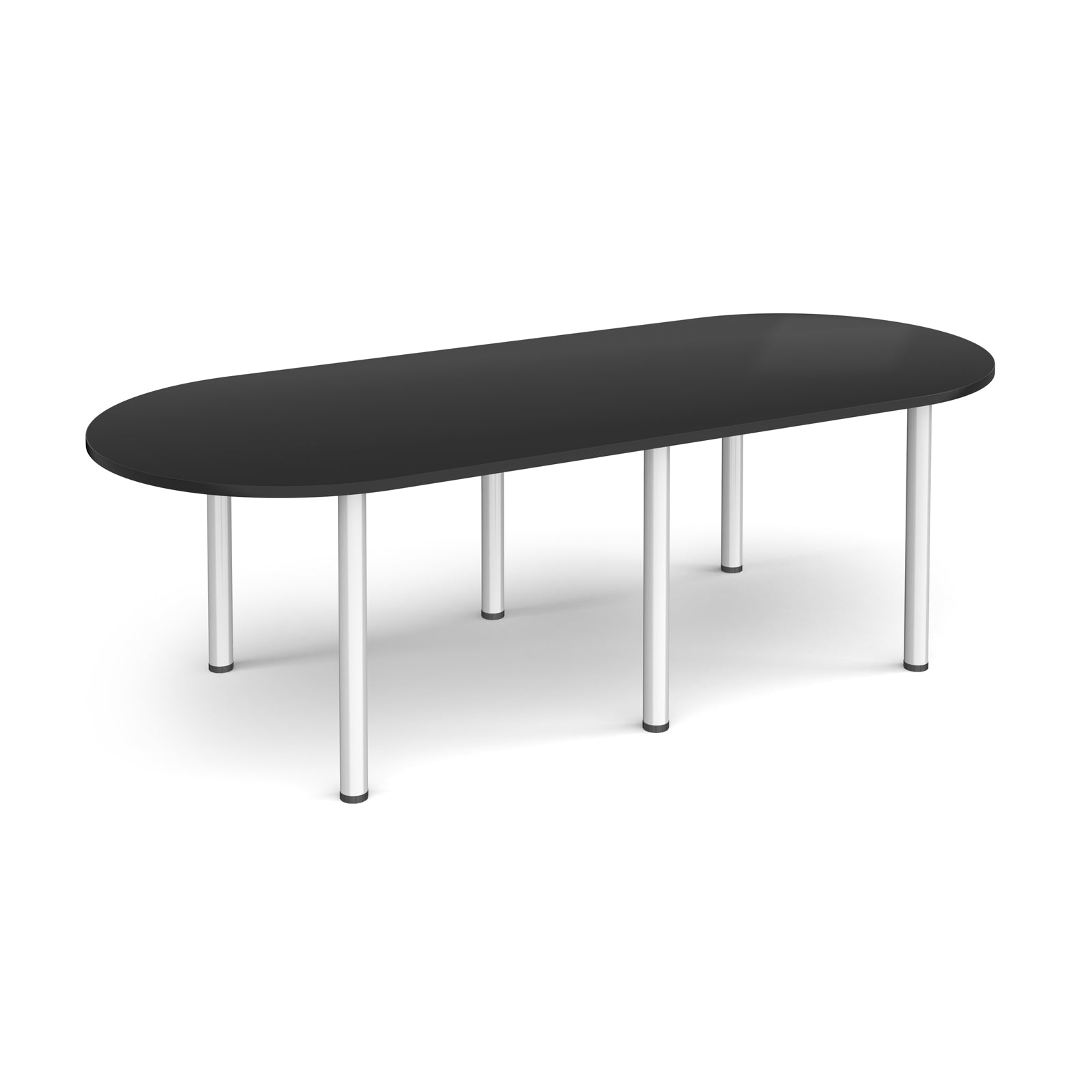 Oval table with black top and silver metal legs on a white background