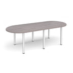 Oval table with grey wood-effect top and silver metal legs on a white background
