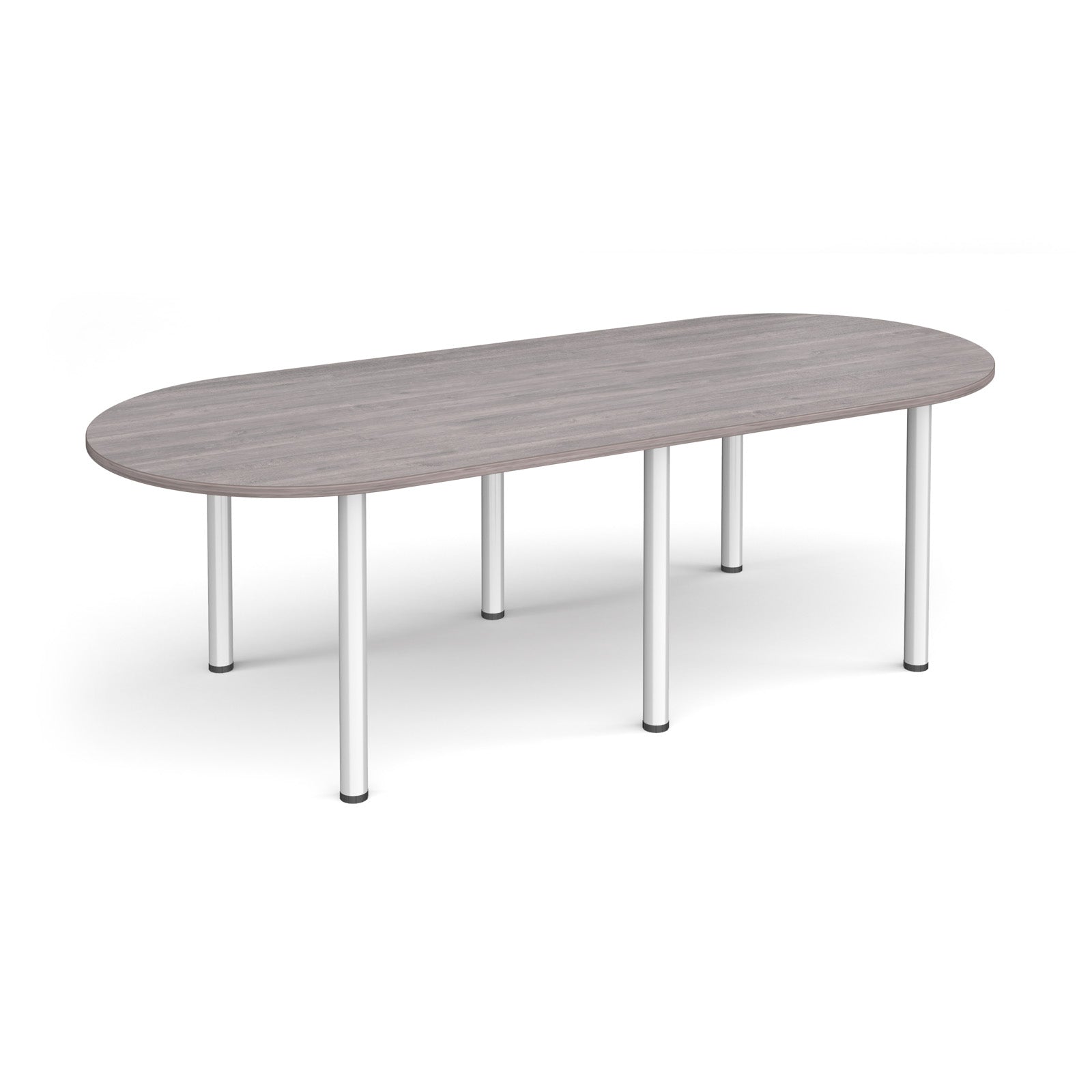 Oval table with grey wood-effect top and silver metal legs on a white background