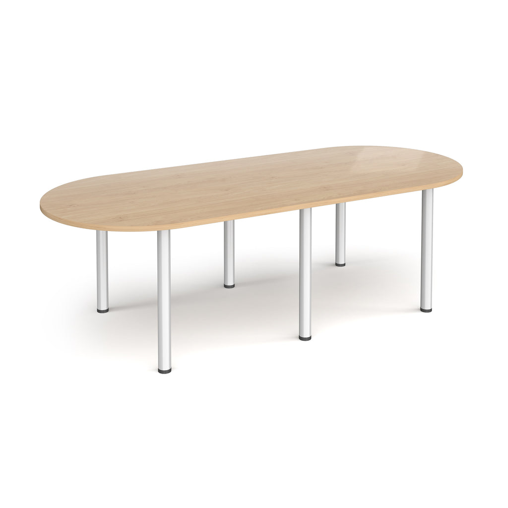 Oval table with wood-effect top and silver metal legs on a white background