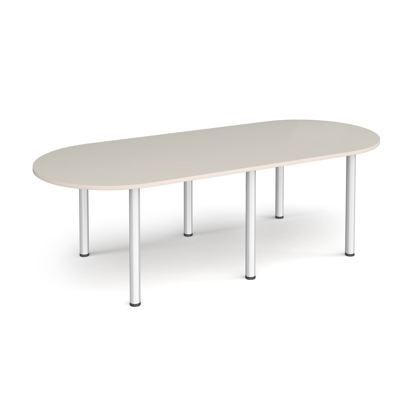 Oval table with light grey top and silver metal legs on a white background
