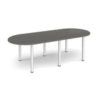 Oval table with grey top and silver metal legs on a white background