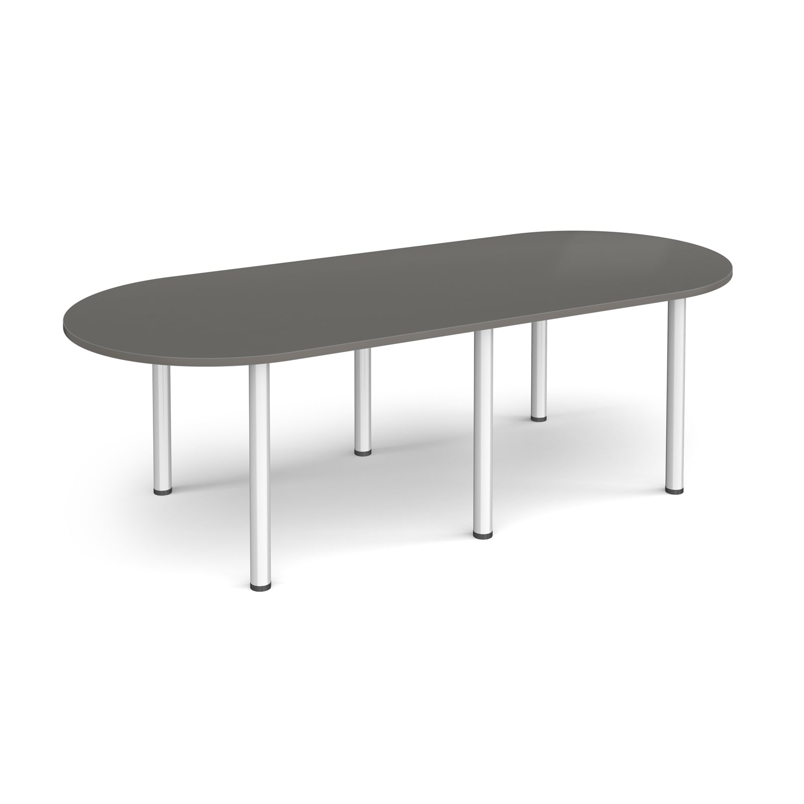Oval table with grey top and silver metal legs on a white background