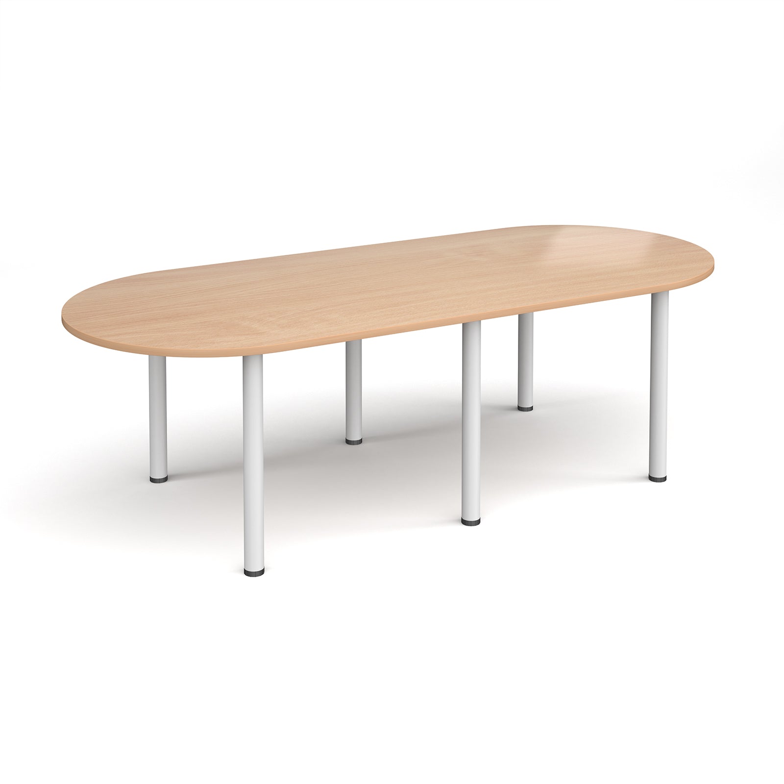 Oval table with wood-effect top and white metal legs on a white background