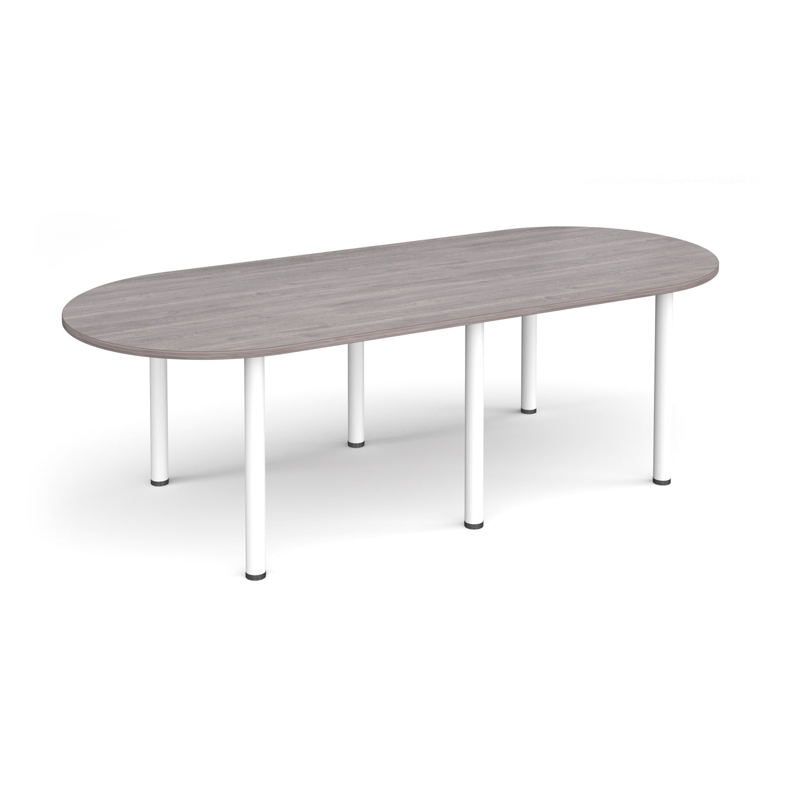 Oval table with grey wood-effect top and white metal legs on a white background