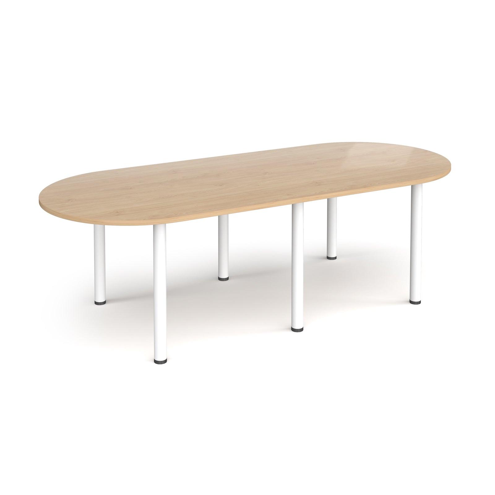 Oval table with wood-effect top and white metal legs on a white background