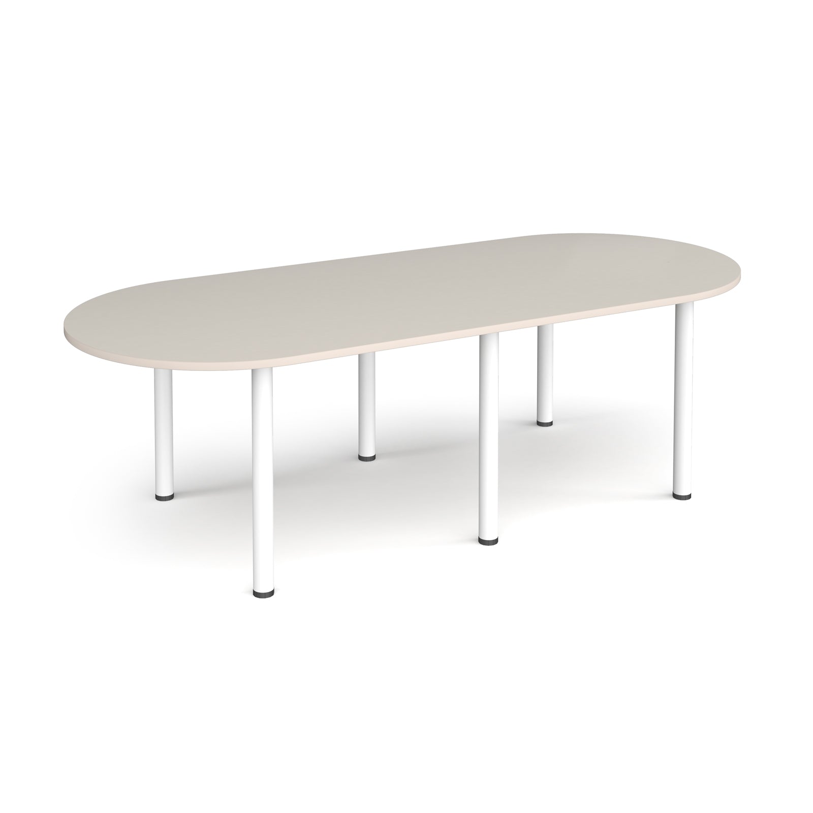 Oval table with light grey top and white metal legs on a white background