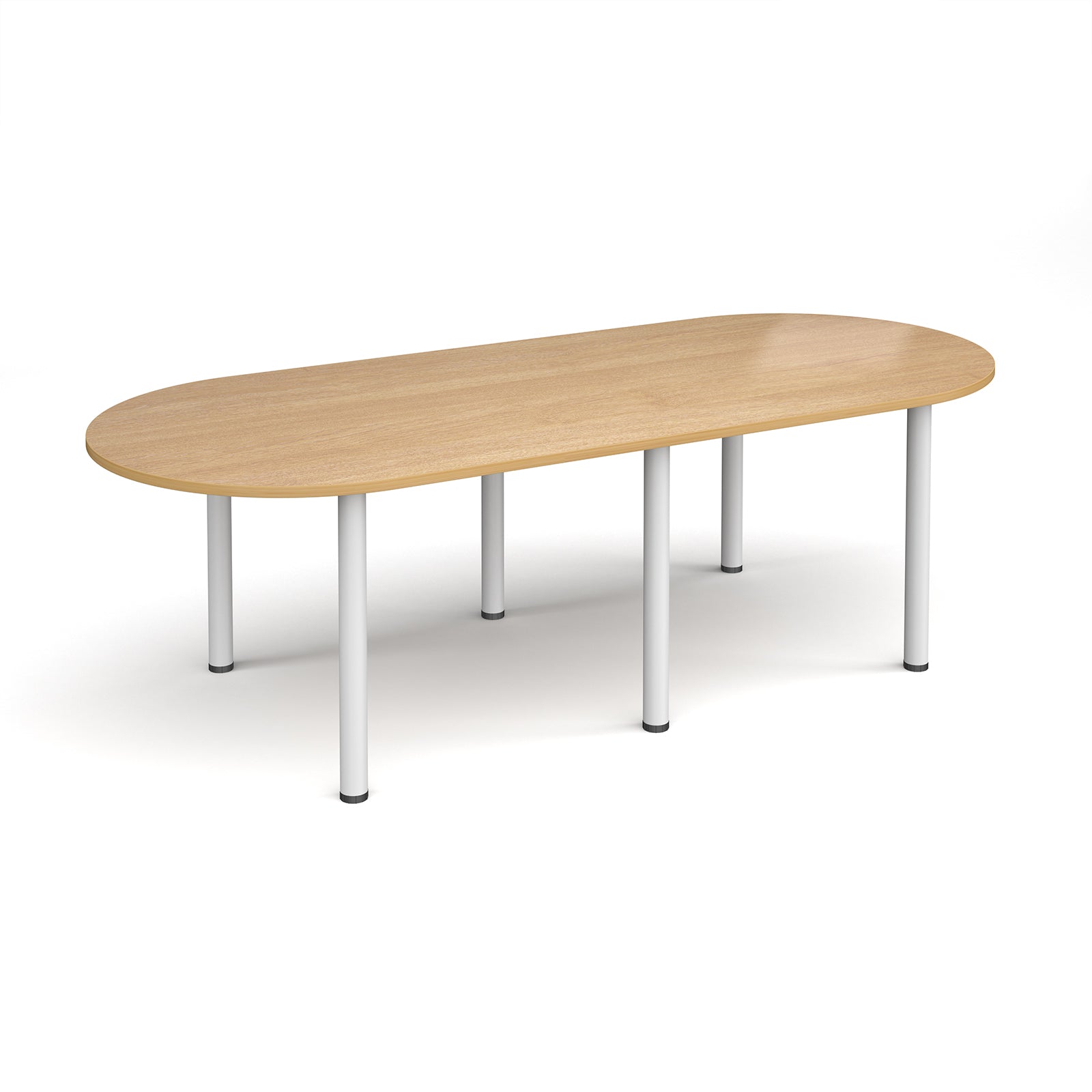 Oval table with wood-effect top and white metal legs on a white background